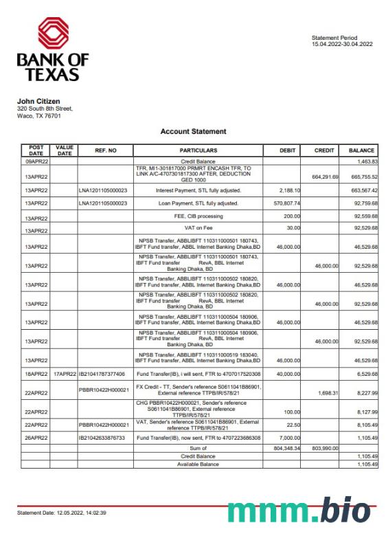 USA Bank of New York Mellon dowód adresu szablon wyciągu bankowego w formacie Word i PDF